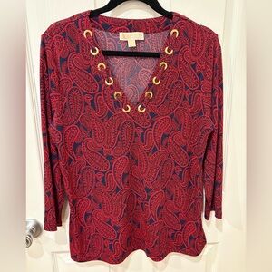 Michael Kors Women’s Top Red Navy Paisley Gold Grommet Tie V-Neck Stretch Size M
